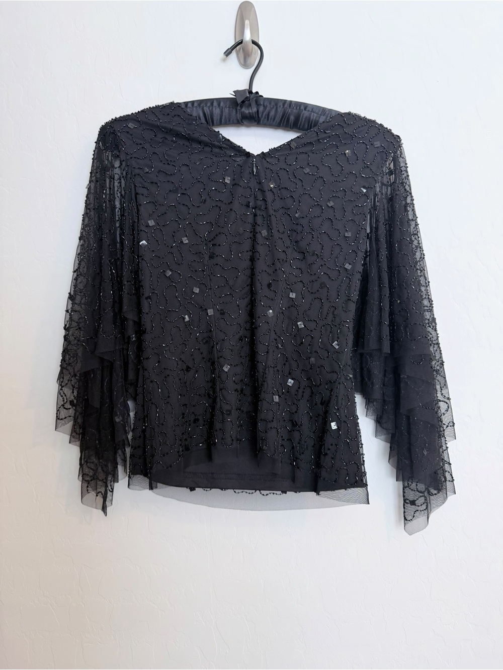 Adrianna Papell Black Beaded Cape-Sleeve Evening Top - Picture 4 of 14